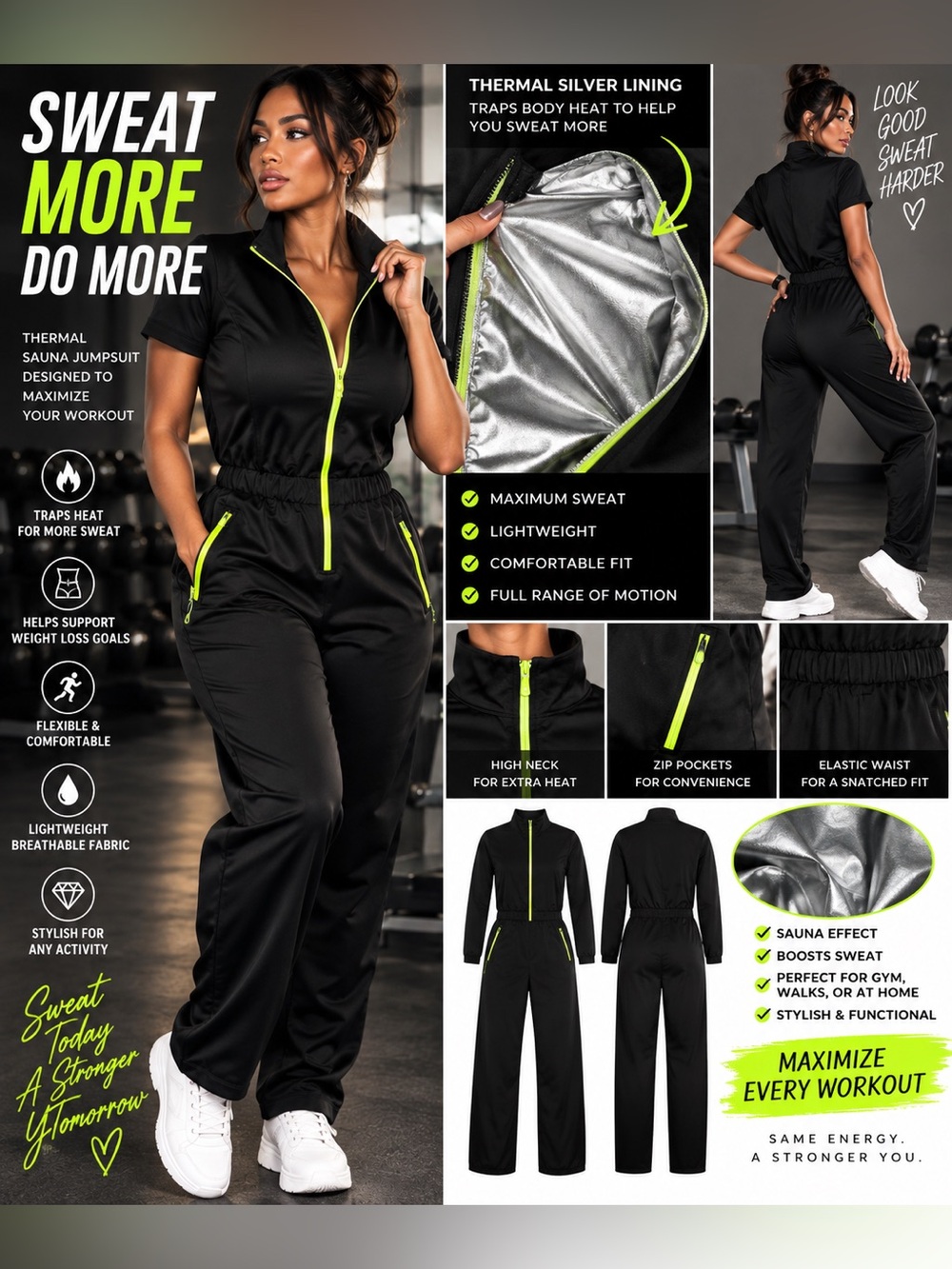 Women’s Thermal Sauna Jumpsuit - Black with Neon Lime Trim size medium